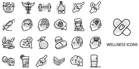 Wellness simple concept 24 hand drawn Grew color icons set .Vector illustration.	