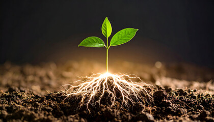 Glowing plant with lightning roots on dark soil