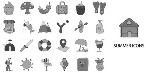 Summer simple concept 24 hand drawn Grew color icons set .Vector illustration.	