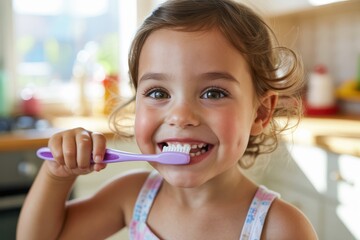 Happy little girl brushes her teeth with a toothbrush for dental care and healthy oral hygiene