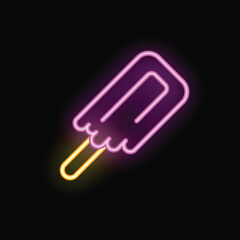 Obraz premium Glowing neon sign of melting ice cream on stick on black background