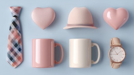 A set of realistic Father's  Day icons: tie, mug, hat, watch, heart, in pastel tones for a cheerful, modern look