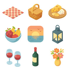 Sunset Picnic Icons. Isometric Flat icon set of sunset picnic: checkered blanket, picnic basket, cheese platter, fruit bowl, wine