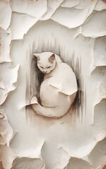 Delicate Watercolor White Cat on Antique Gray Paper – Minimalist Vintage Animal Illustration with Nostalgic Texture