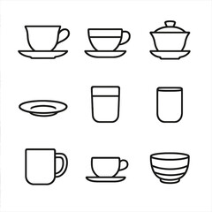 Tea Cup Icons. Outline icon set of tea cups and saucers: porcelain teacup, glass teacup, gaiwan cup, bone china saucer,
