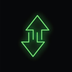 Green neon sign showing an up and down arrow, glowing on a black background