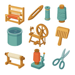 Textile Tools Icons. Isometric Flat icon set of textile production tools: handloom, shuttle, bobbin with thread, dye vat, spinning