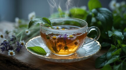 A steaming cup of herbal tea with floating flowers, surrounded by fresh herbs and blossoms on a rustic wooden surface