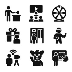 Trade Show Icons. Solid, filled icon set of trade show visitor attractions: product demo, live presentation, spin wheel, prize box