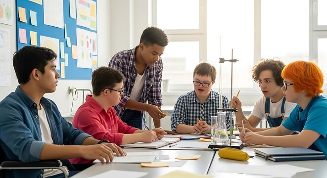 Diverse Students Collaborating on a Science Project in a Classroom
