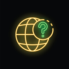 Neon glowing icon of planet earth with question mark, representing global issues and uncertainty