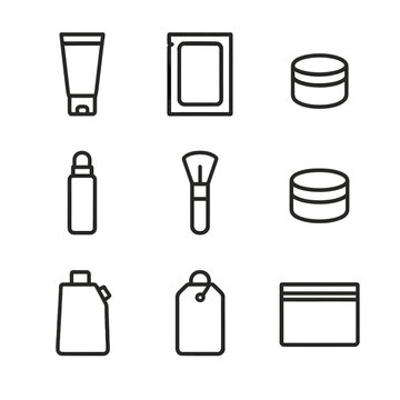 Travel Packaging Icons. Outline icon set of Travel Sample Packaging: mini tube, sample sachet, small jar, roller bottle, mini