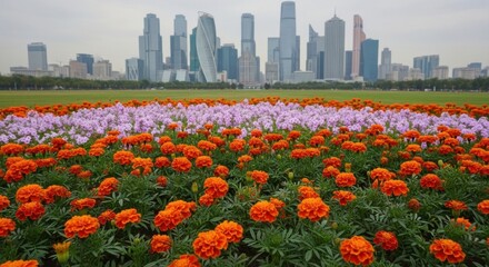 Vibrant flower field with modern cityscape in the background under a cloudy sky