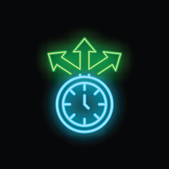 Neon clock with three green arrows pointing up, symbolizing increasing efficiency and productivity