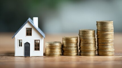 Investment Growth Concept with House and Stacked Gold Coins Display