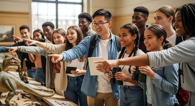 Diverse Group of Students Exploring Dinosaur Exhibit at Museum