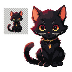 Black fluffy cat sitting cartoon drawing. Vector black fluffy cat.