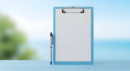 Blank Clipboard Standing Upright with Blurred Natural Background