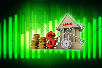 3d rendering bank with dollar near gold coin