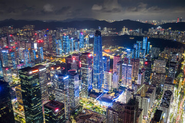 drone aerial view of the shenzhen city at night