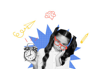 Image trendy art banner collage of puzzled preteen schoolgirl hold alarm clock time back to school...