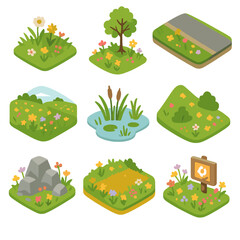 Wildflower Habitats Icons. Isometric Flat icon set of wildflower habitats: grassland tuft, forest edge sapling, roadside verge