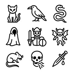 Wicked Queen's Minions Icons. Outline icon set of Wicked Queen’s Minions: black cat, raven, serpent, shadowy figure, skeletal