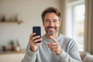 A smiling man holds a smartphone and points towards the screen, appearing relaxed in a modern living room.