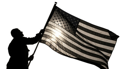 Silhouette of a man holding an american flag isolated on transparent background