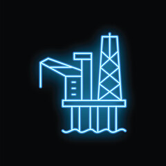 Fototapeta premium Blue glowing neon line offshore platform icon isolated on black background