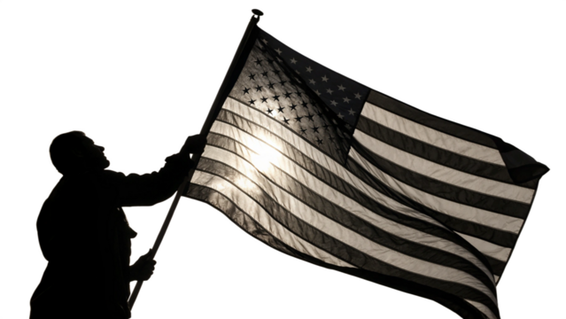Silhouette of a man holding an american flag isolated on transparent background