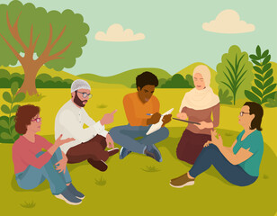Diverse people collaborating outdoors in casual setting showing teamwork unity and inclusion
