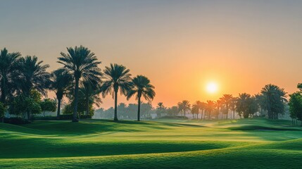Serene Sunrise Over Golf Course Surrounded by Lush Palm Trees