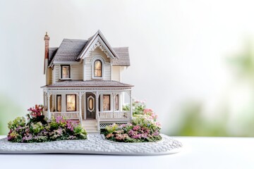 A charming miniature Victorian house with a porch, nestled in a vibrant garden.