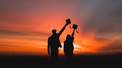 Fototapeta premium Silhouettes of two graduates celebrating against a vibrant sunset sky featuring graduates, sunset, silhouettes