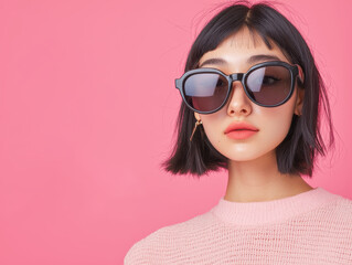 Stylish model wearing oversized sunglasses against pink background, exuding confidence