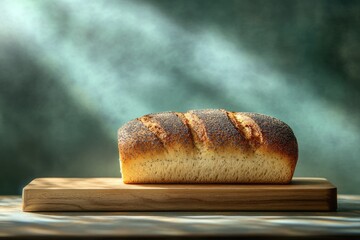A loaf of crusty bread with poppy seeds, resting on a wooden board, bathed in soft light.