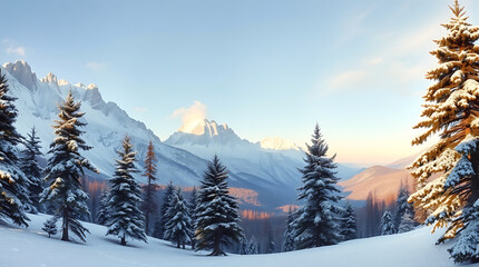 Fototapeta premium A winter landscape with snow-covered trees and a Christmas tree stands under a cold, frozen sky