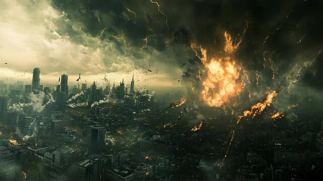 Devastating apocalypse event destroys futuristic cityscape with explosions and chaos