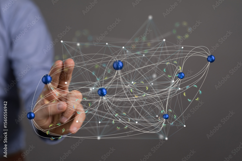 Poster abstract image of a network, connections, data exchange, and global communication.