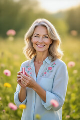 A smiling, mature woman with blonde hair stands in a field of wildflowers, holding a small tube of cream or lipstick.