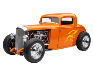 Side view of bright orange hot rod with yellow flame design, isolated on white background