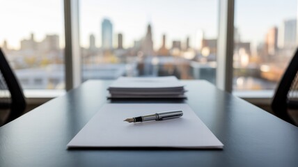 A sleek fountain pen rests on a blank sheet of paper, set against a modern office backdrop with a cityscape view.