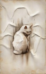 Delicate Watercolor White Cat on Antique Gray Paper – Minimalist Vintage Animal Illustration with Nostalgic Texture