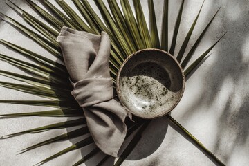Neutral Toned Linen Napkin Rolled with Ceramic Bowl on Leaf Background