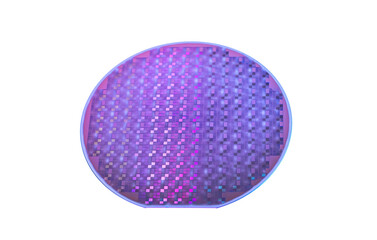 Polycrystalline silicon wafer with microchips isolated on white. Microelectronic device for the...