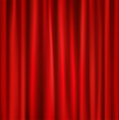 Red fabric curtain with smooth waves and folds, velvet or satin, theater backdrop, for performances or dramatic reveals