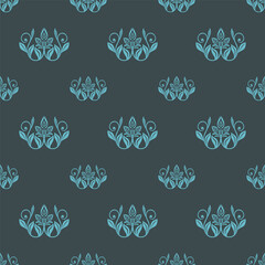 Seamless vector floral pattern with elegant blue ornamental motifs in Art Nouveau style on a dark background. Stylized flowers and curls. Ideal for textiles, wallpapers and wrapping paper. EPS 10