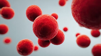 Red Spherical Cells in a Biological Environment, Close-Up View