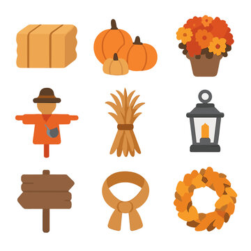 Fall Landscaping Icons. Flat icon set of fall landscaping accents: hay bale, pumpkin cluster, mums bouquet, scarecrow, cornstalk